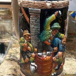 Vintage German Ceramic Beer Stein with Colorful Tavern Scene